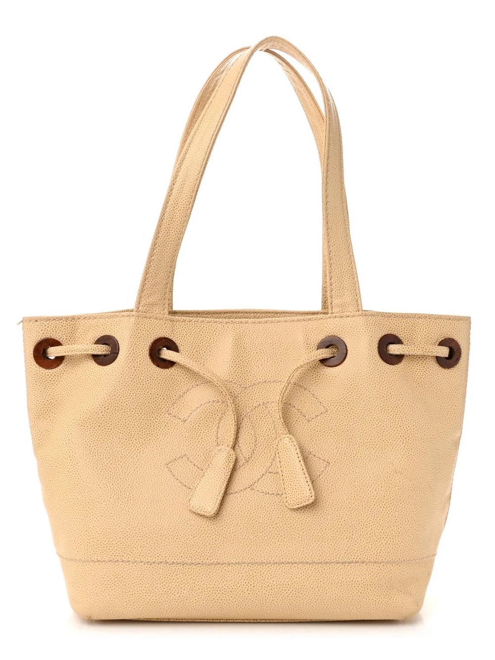 Authentic CHANEL caviar leather wood CC mini drawstring bucket bag